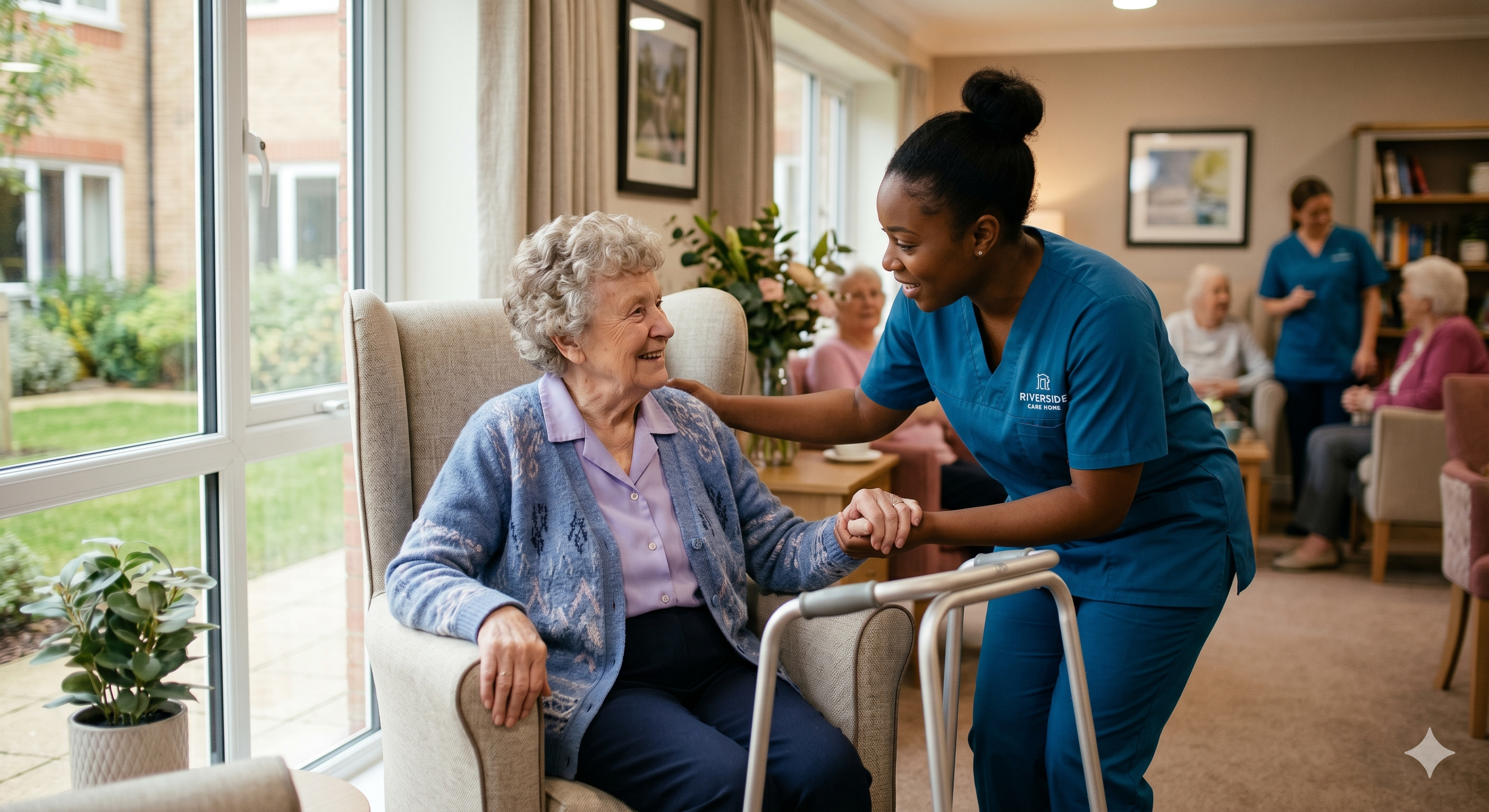 A carer supporting an elderly resident in a care home
