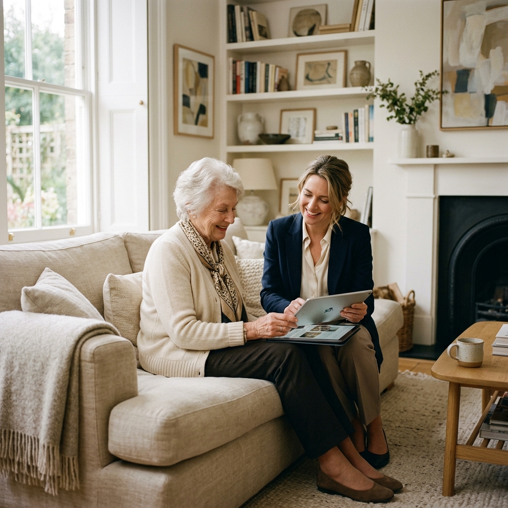 A care advisor having a calm, supportive conversation